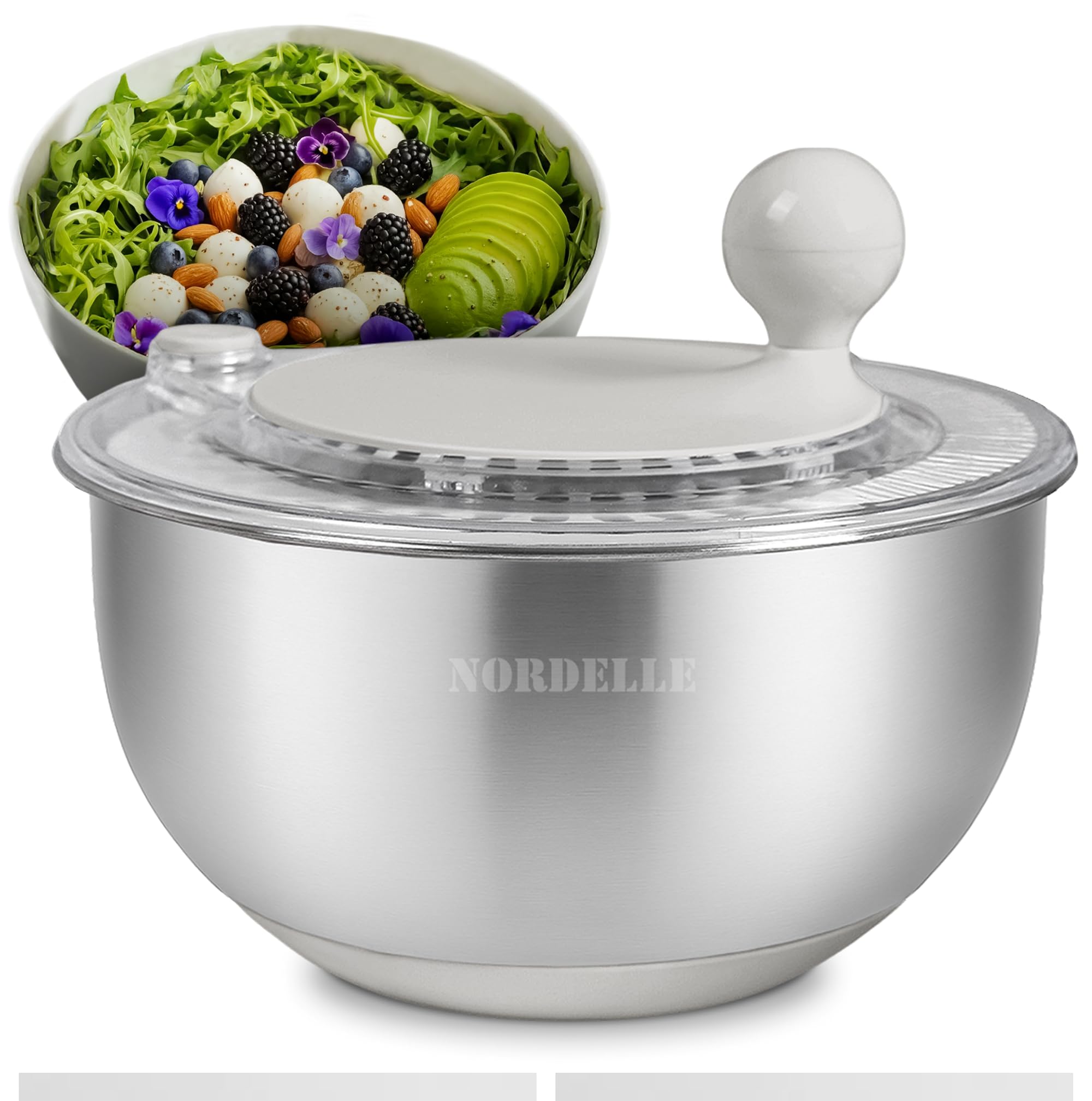 NORDELLE ensaladora giratoria de acero inoxidable grande para porciones generosas y secado rápido.