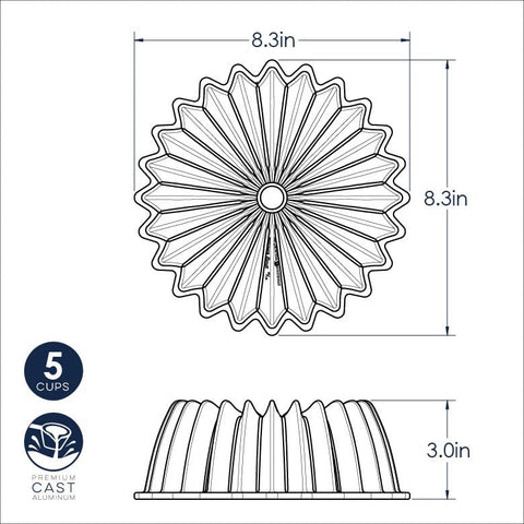 Nordic Ware Brilliance Bundt con flutas detalladas, efecto visual impresionante.