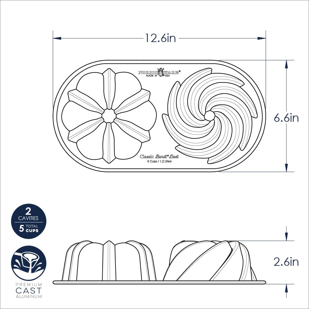 Nordic Ware Bundt dorado molde: medidas 12.6 x 6.6 pulgadas y capacidad de 5 tazas.