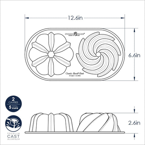 Nordic Ware Bundt dorado molde: medidas 12.6 x 6.6 pulgadas y capacidad de 5 tazas.