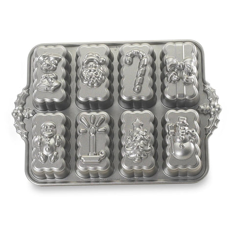 Moldes Nordic Ware para pan mini navideño con diseño de campana, ideal para regalos festivos.