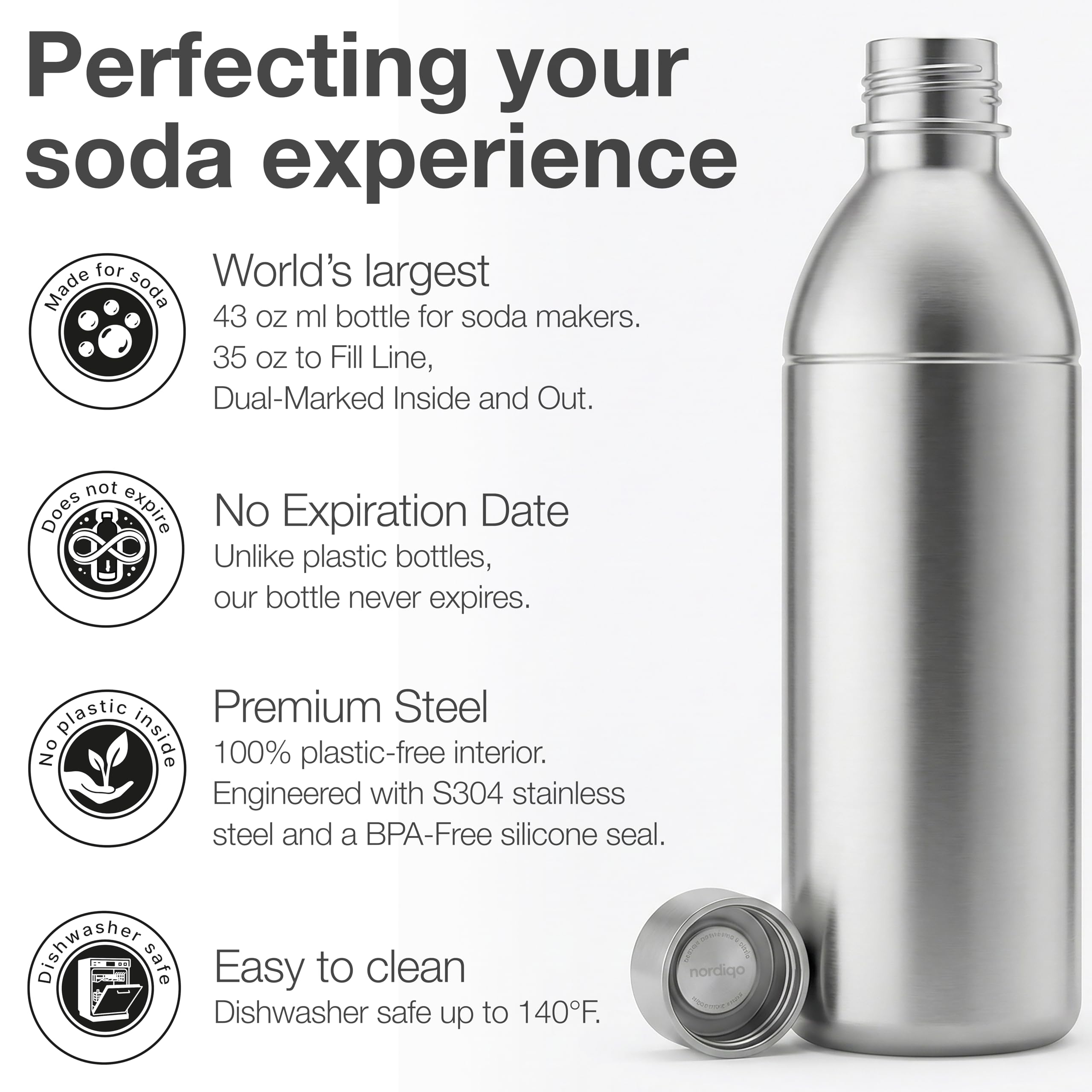 Nordiqo botella en acero compatible con Aarke Carbonator 3 para bebidas con gas
