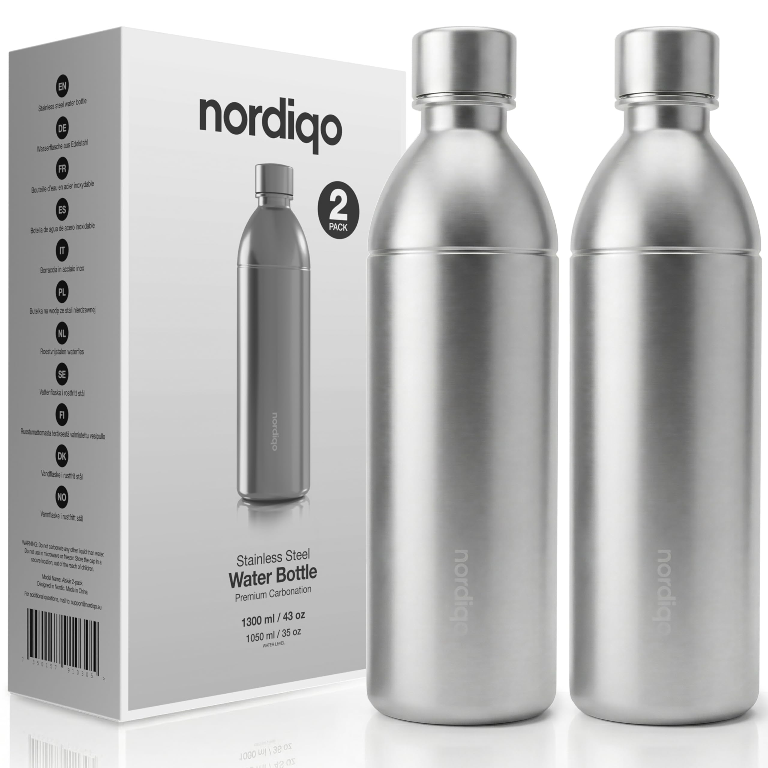 Nordiqo botella 43 oz en acero inoxidable, vista frontal para uso diario