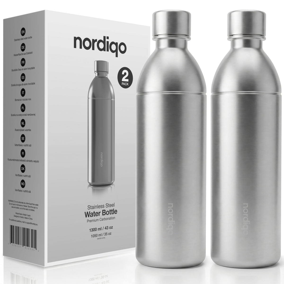 Nordiqo botella 43 oz en acero inoxidable, vista frontal para uso diario