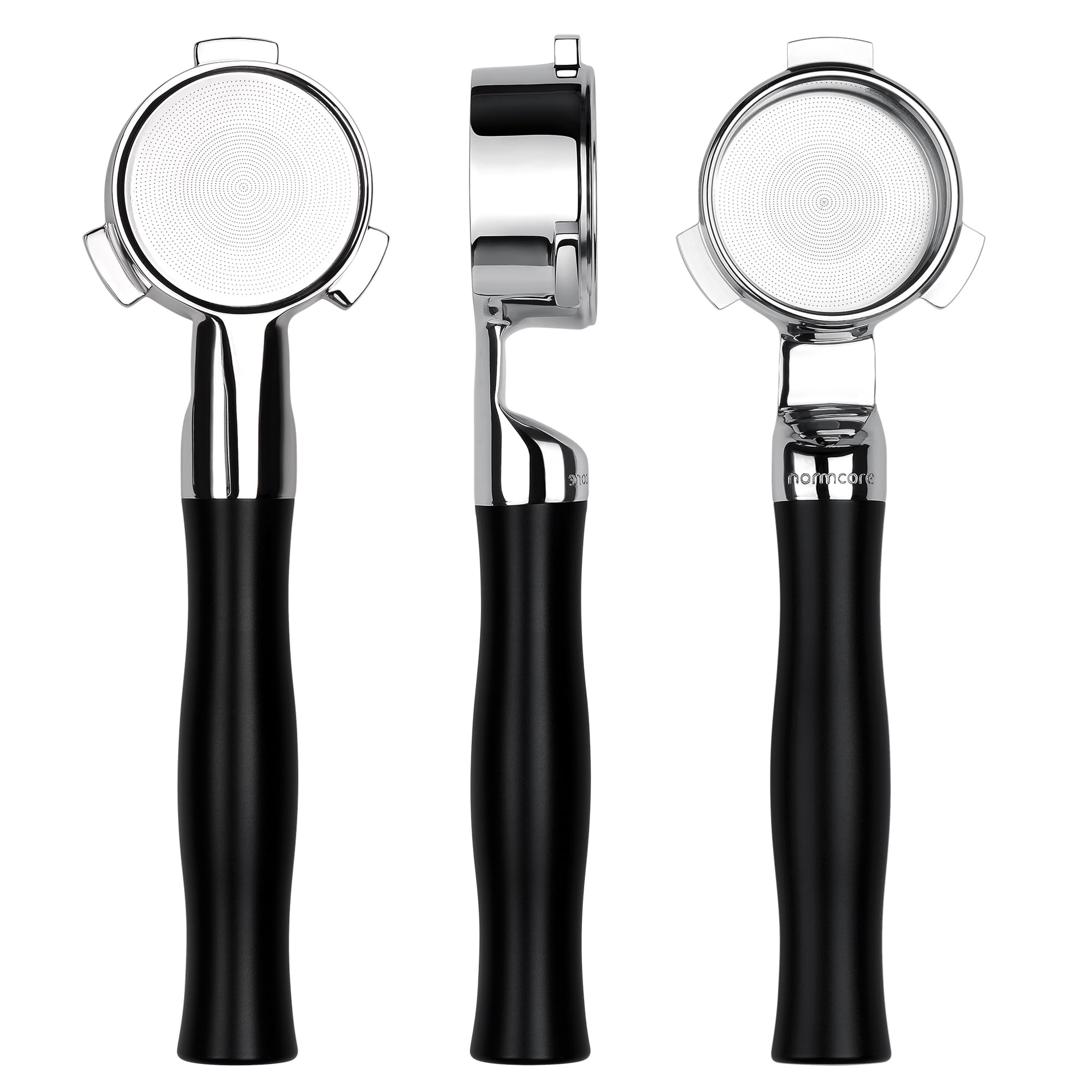 Normcore Portafiltro desnudo 54mm en detalle, compatible con cestas Breville para diagnóstico de extracción.