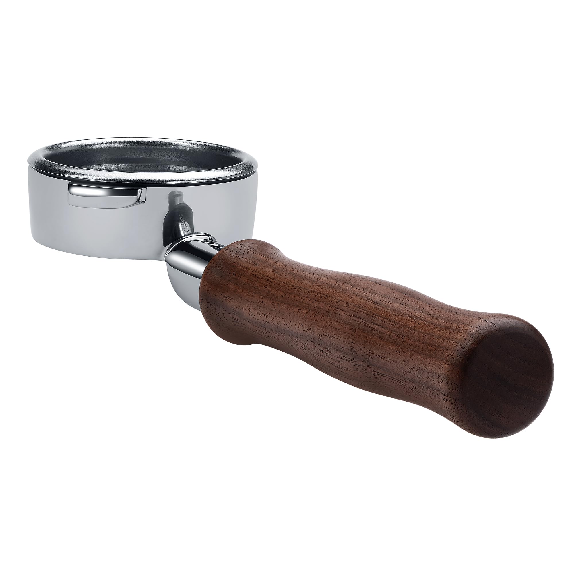 Detalle del mango de nogal americano en Normcore 58mm desnudo, confort y agarre profesional.