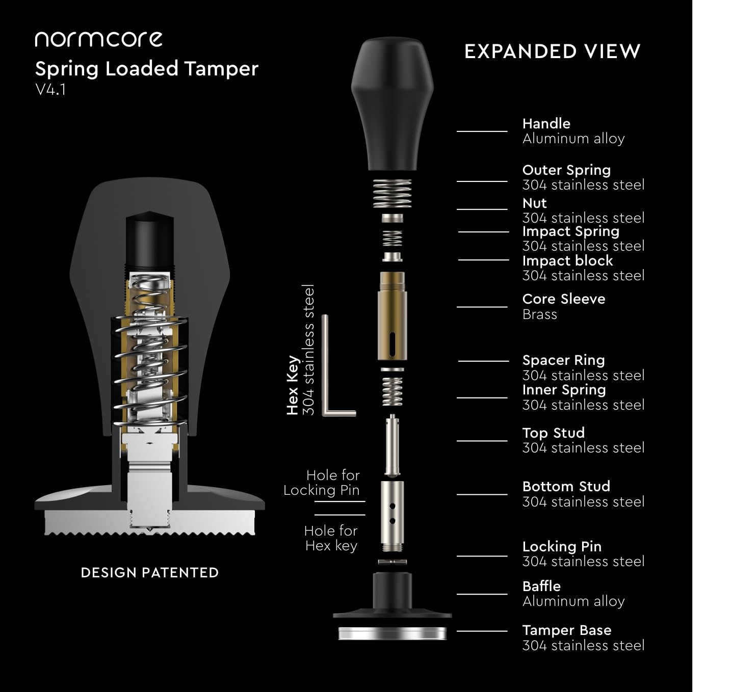 Normcore Tamper V4.1 compatible con portafiltros de varios diámetros.