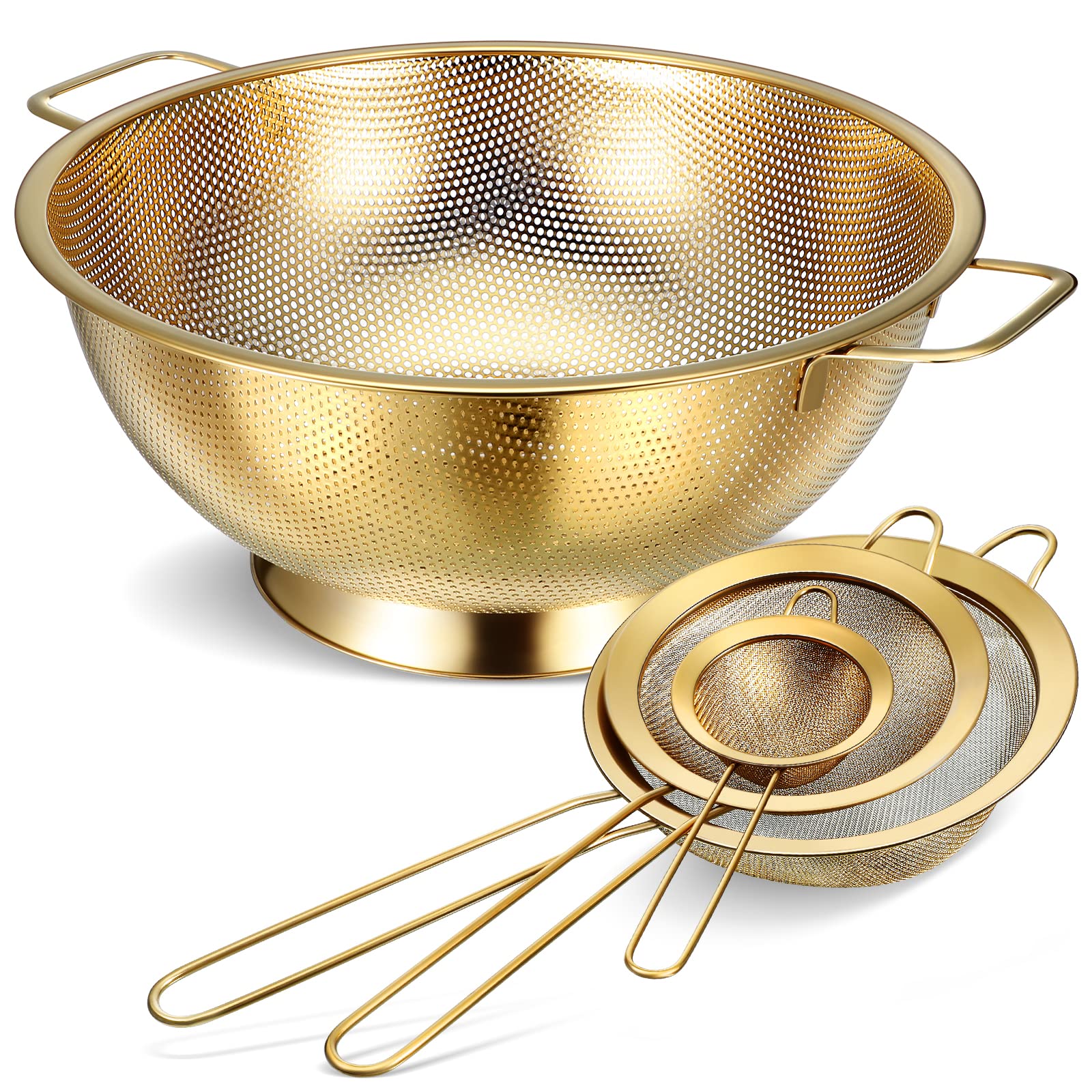 Norme colador dorado de 5 cuartos, ideal para escurrir pasta y verduras con drenaje rápido.