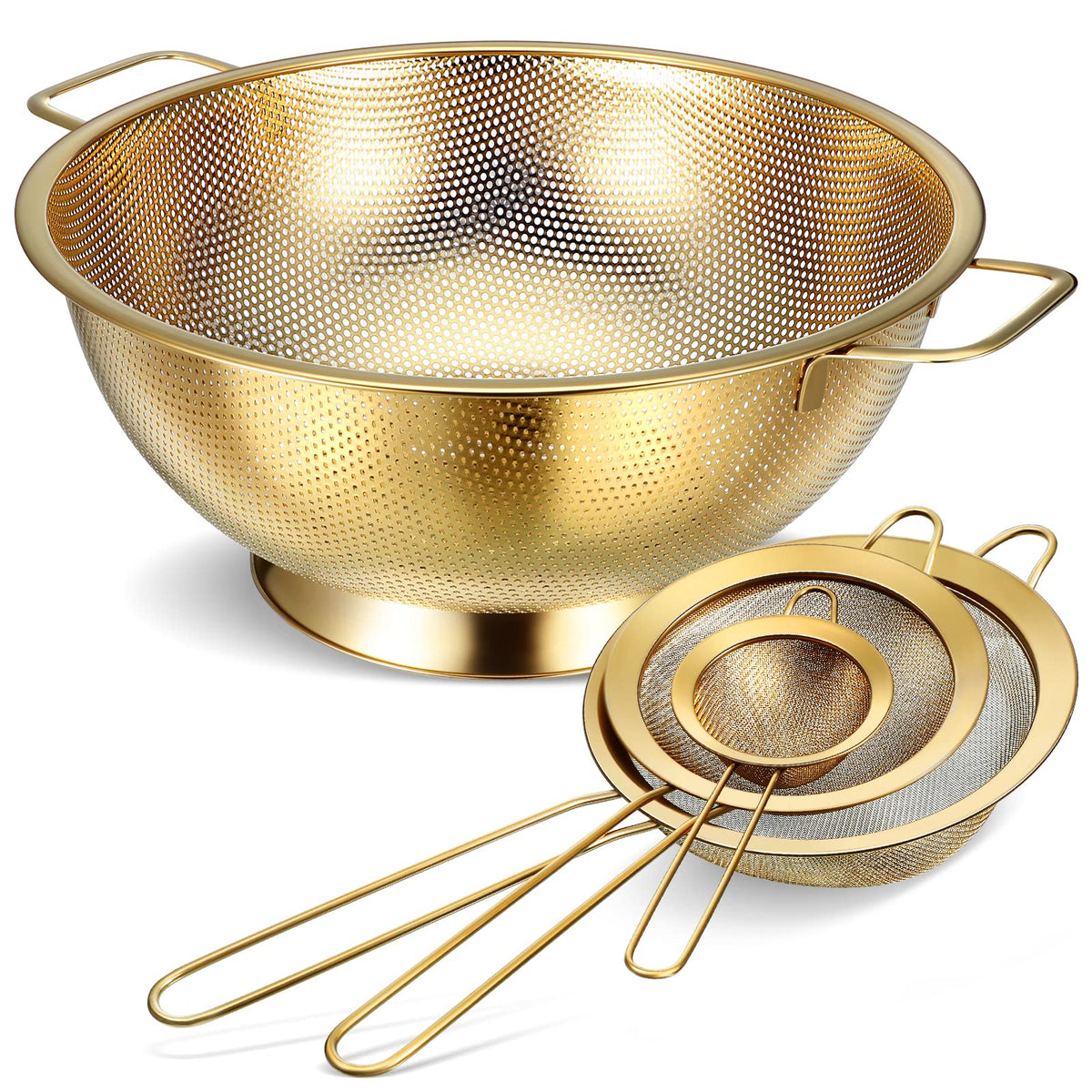 Norme colador dorado de 5 cuartos, ideal para escurrir pasta y verduras con drenaje rápido.