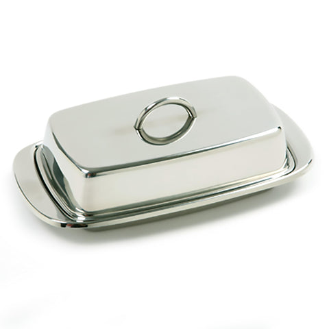 Norpro mantequera de acero inoxidable con tapa doble para mantener la mantequilla fresca.