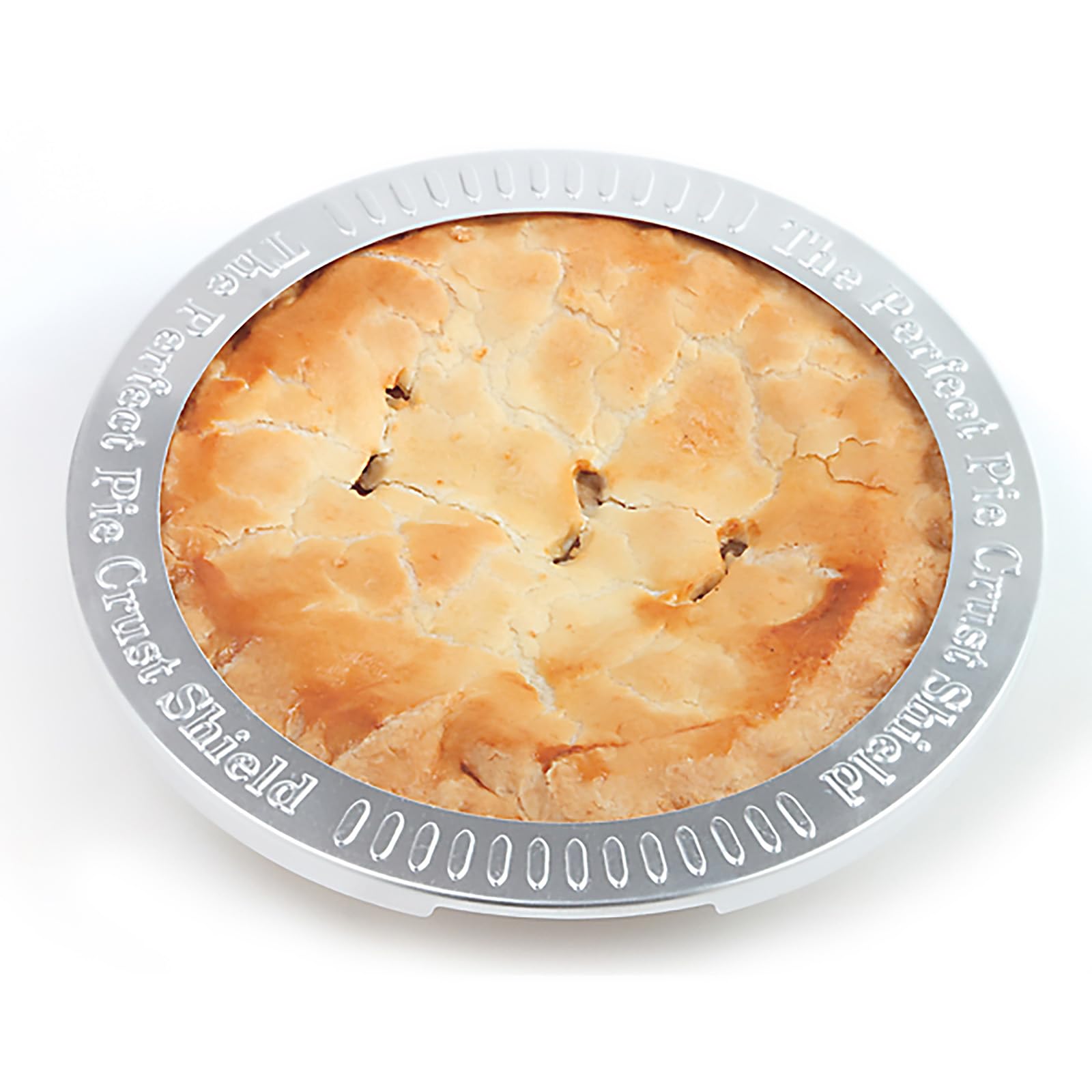 Norpro escudo de masa para tarta de 9 pulgadas, vista lateral, evita desbordes durante horneado.