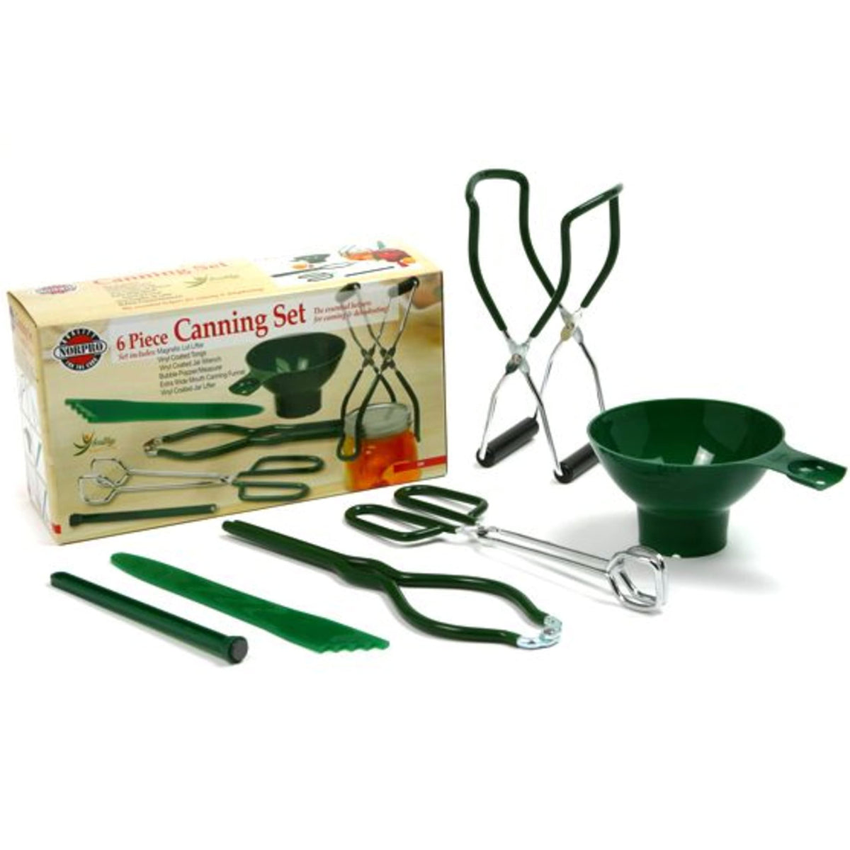 Norpro pinzas largas con mango verde para manipular conservas de forma segura.