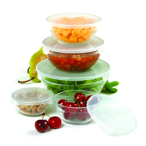 Norpro tazones de vidrio apilables con tapas para almacenar sobras fácilmente.