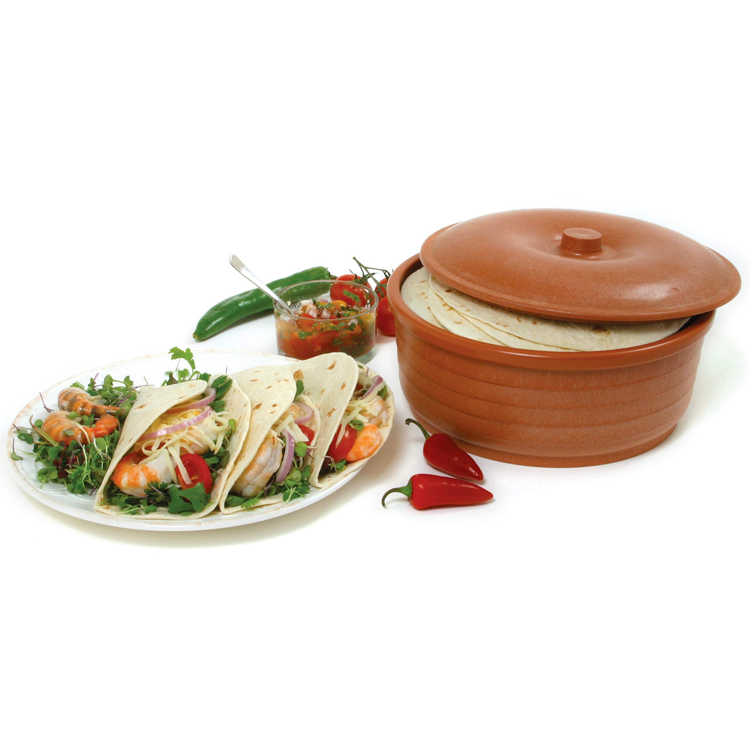 Norpro Tortilla Pancake Keeper, en mesa, práctico para calentar y servir tortillas.