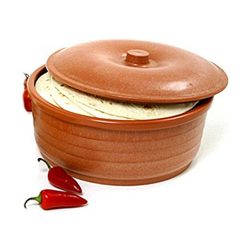 Norpro Tortilla Pancake Keeper, vista frontal, mantiene tortillas cálidas y suaves para comer.
