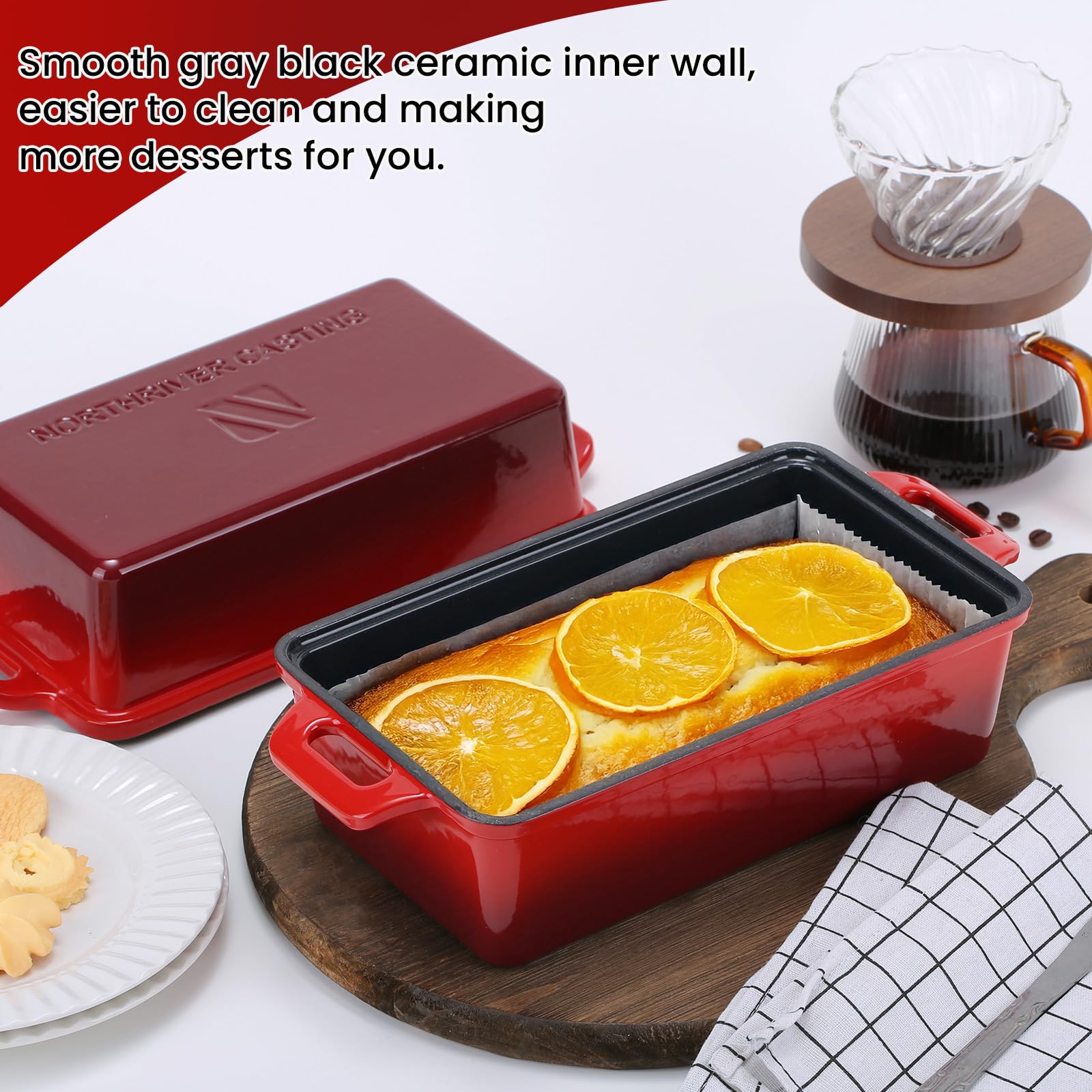 Northriver Casting Molde de cocina esmaltado 9x5 rojo para hornear pan.