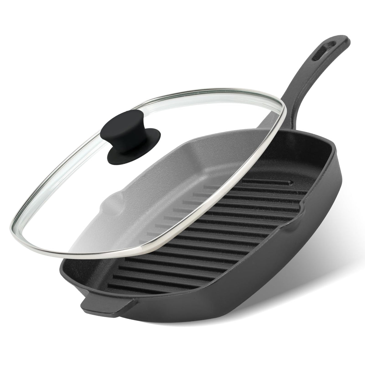 Sartén grill cuadrada Northriver Casting con tapa de vidrio para sellar jugos y sabor.