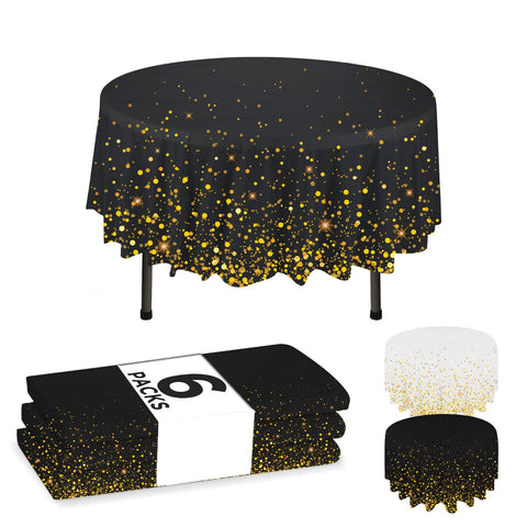 Mantel NORZEE negro de plástico con confeti dorado, perfecto para cenas elegantes.