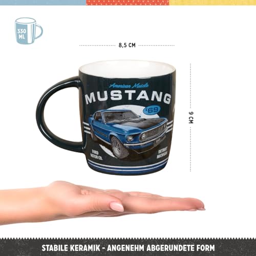 Detalle del motivo Mustang azul en Nostalgic-Art, ideal para coleccionistas
