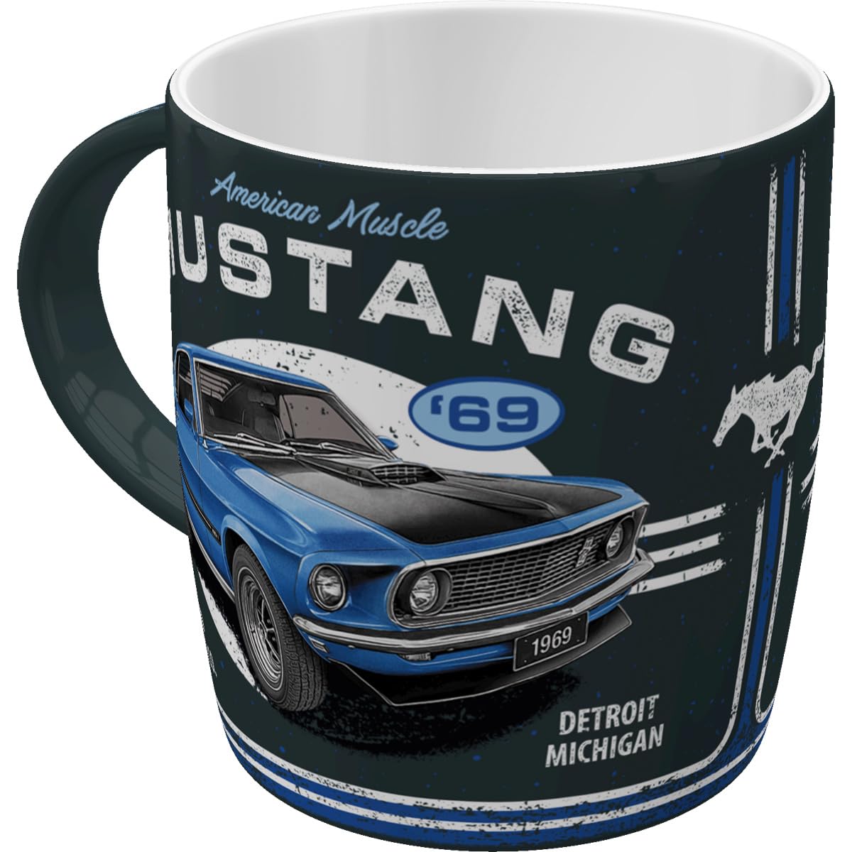 Taza Nostalgic-Art con Mustang azul 1969, frente para visualizar el diseño retro
