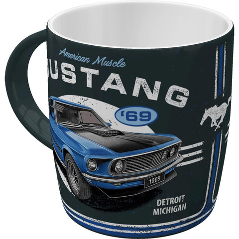 Taza Nostalgic-Art con Mustang azul 1969, frente para visualizar el diseño retro