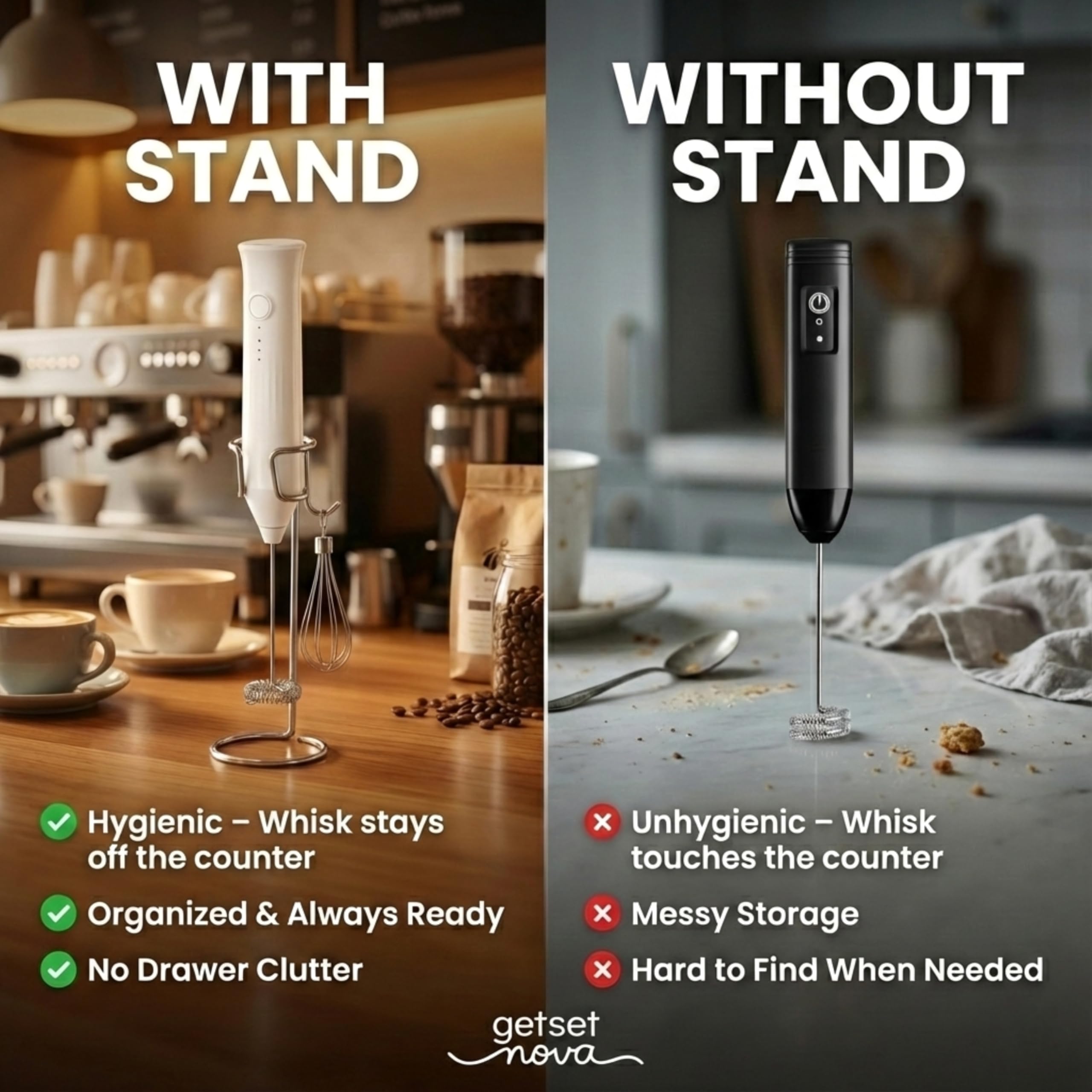 Nova Milk Frother, diseño USB-C práctico y recargable para cocina moderna.