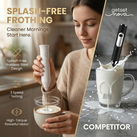 Nova Milk Frother ergonómico y compacto para uso diario.