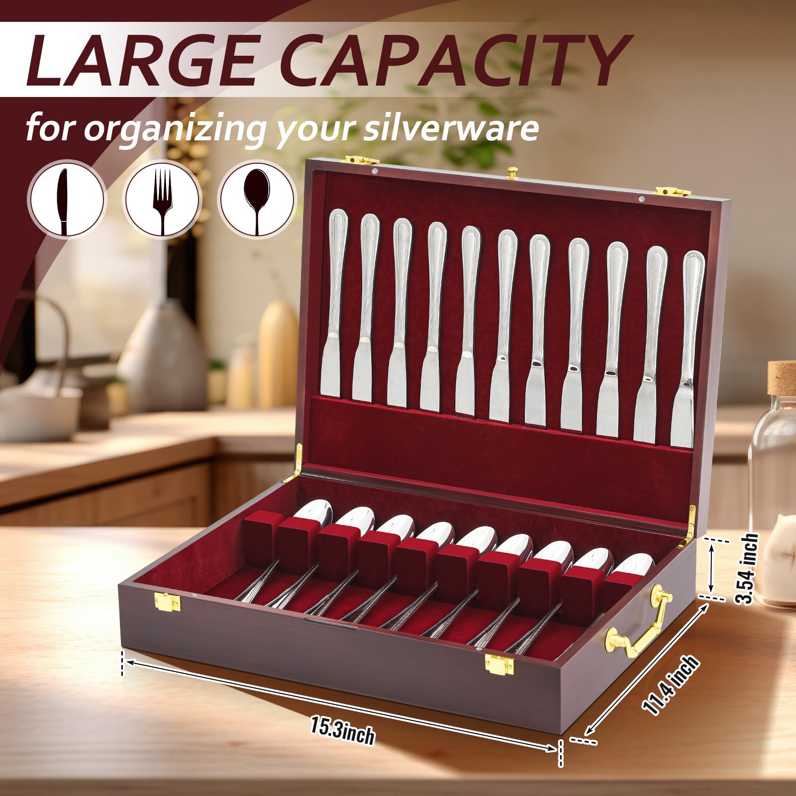 Novabright caja de cubiertos de madera, dos niveles con tapa de vidrio para visualización fácil.