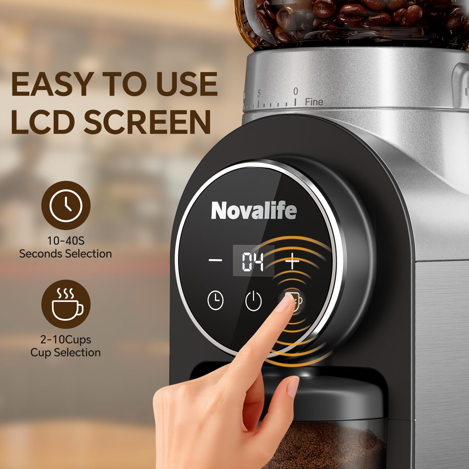Novalife ofrece 30 ajustes de molienda para café expreso, filtro o prensa francesa.