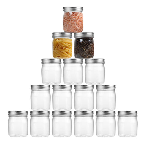novelinks frascos plásticos 16 piezas 8oz con tapa plateada, almacenamiento práctico para batidos y snacks.