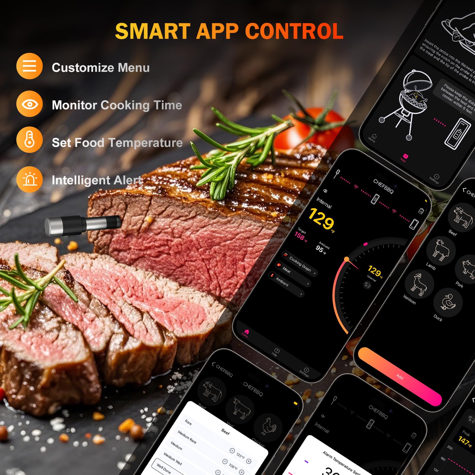 NoWoW termómetro aplicación CHEFBBQ muestra monitorización en tiempo real.