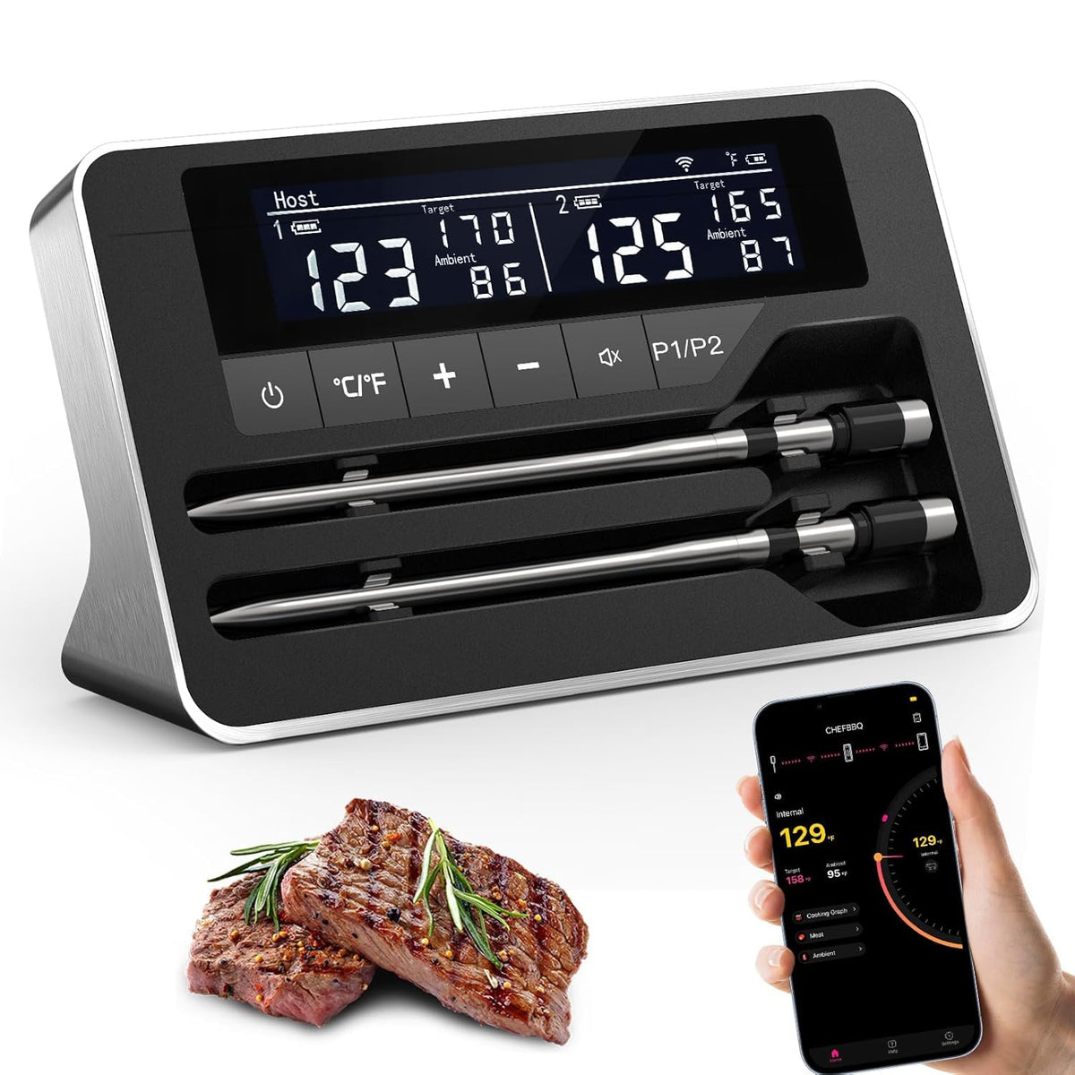 NoWoW termómetro con dos sondas inalámbricas para controlar la carne con precisión en casa