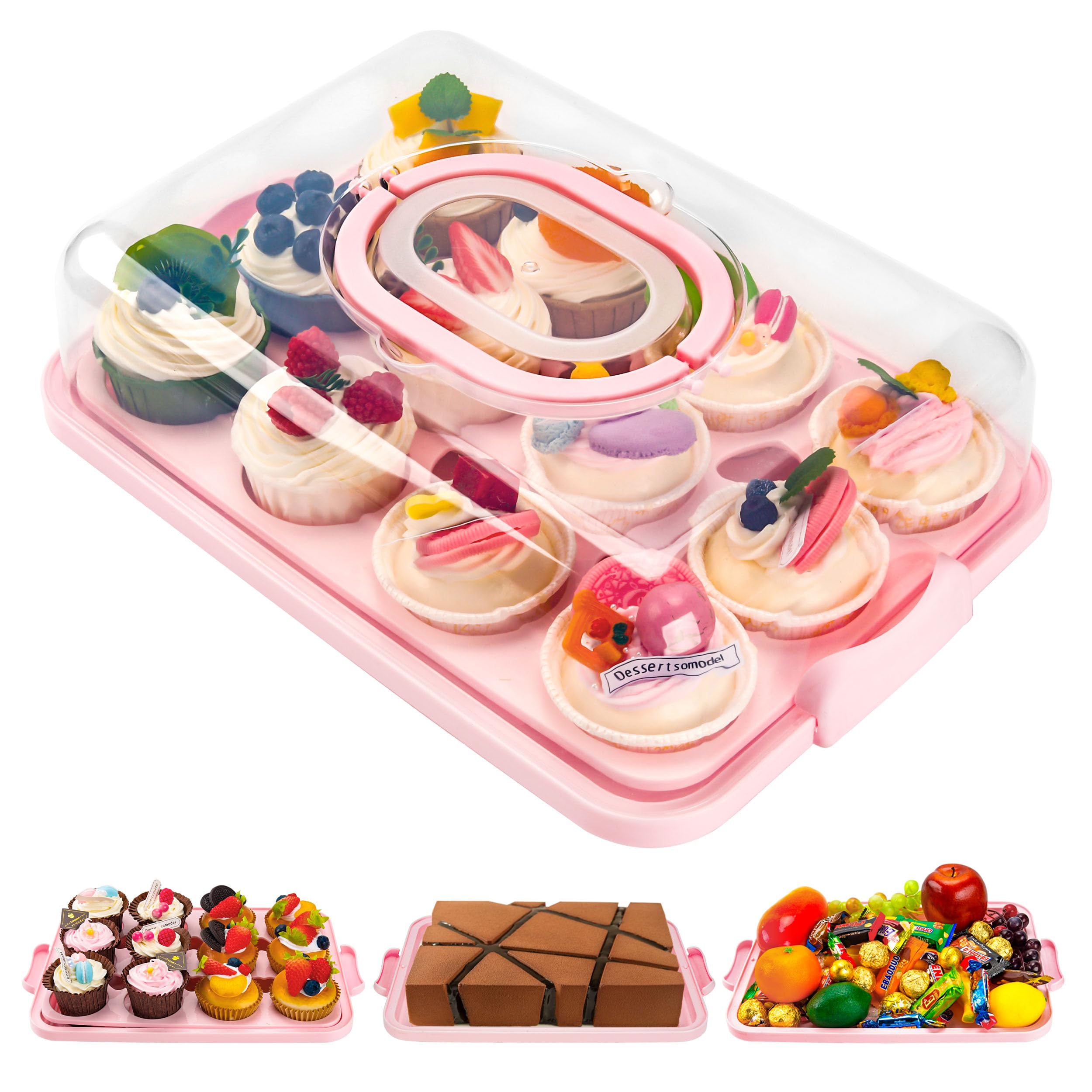 NPLUX portapasteles rectangular rosa 13x9x4, tapa, ideal para transportar pasteles con seguridad.