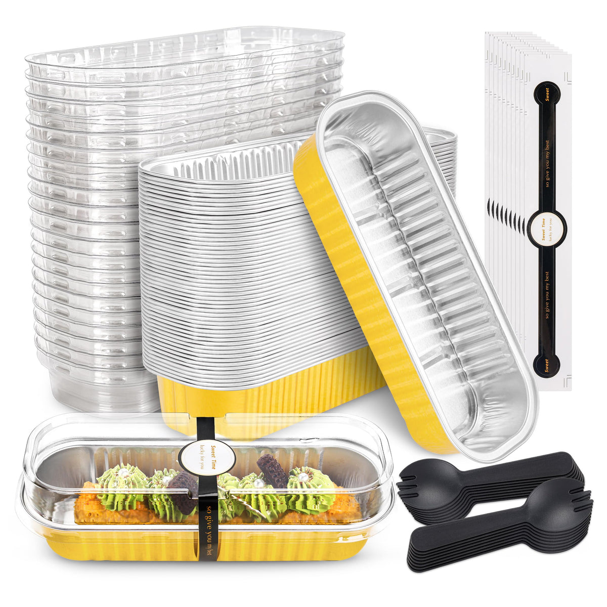 NPLUX moldes mini rectangulares de aluminio dorados con tapa para porciones.