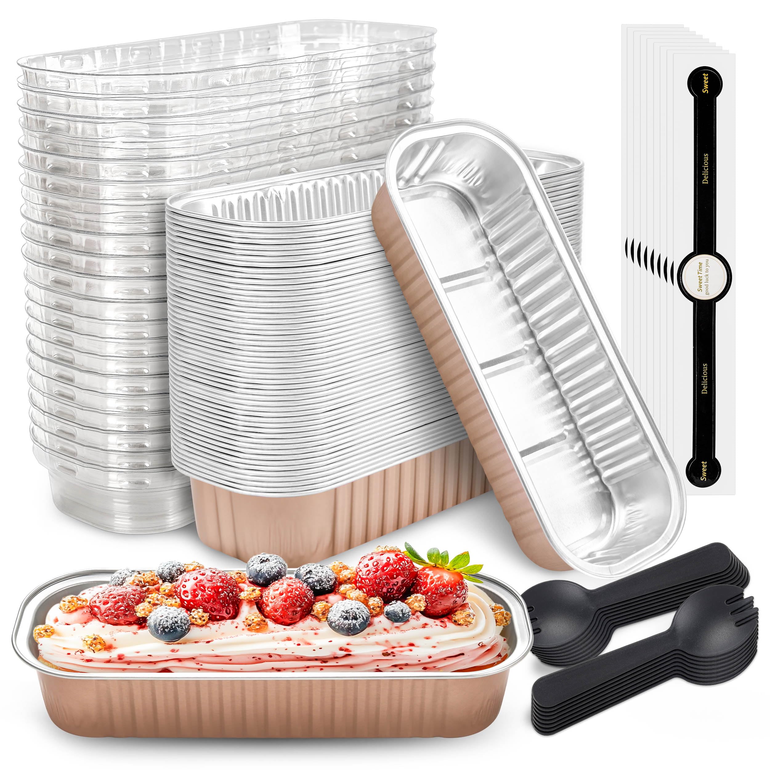 Moldes mini pasteles NPLUX con tapa y cucharas para porciones individuales.
