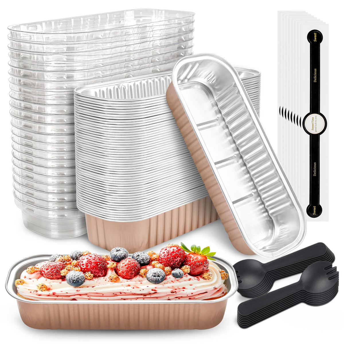 Moldes mini pasteles NPLUX con tapa y cucharas para porciones individuales.