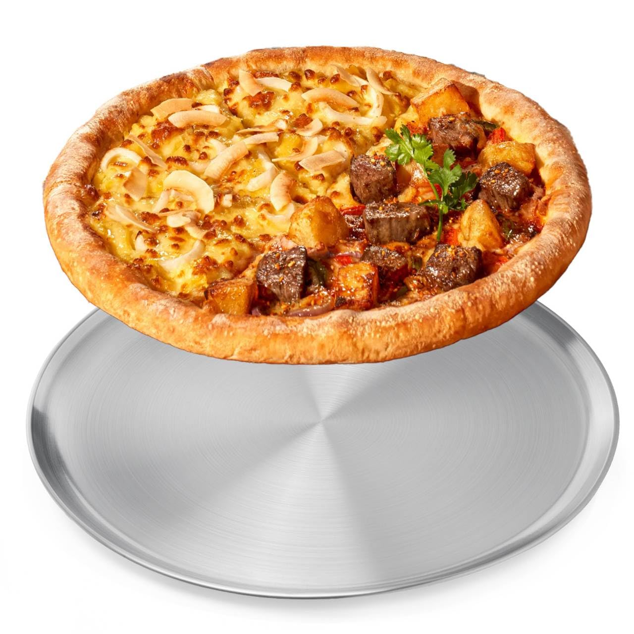 Pan de pizza NRAMOOS en acero inoxidable grande, vista superior para pizzas caseras crujientes.