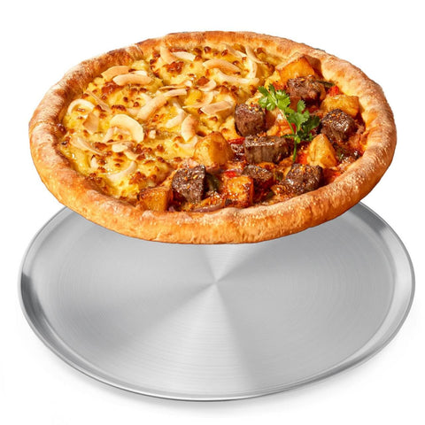 Pan de pizza NRAMOOS en acero inoxidable grande, vista superior para pizzas caseras crujientes.