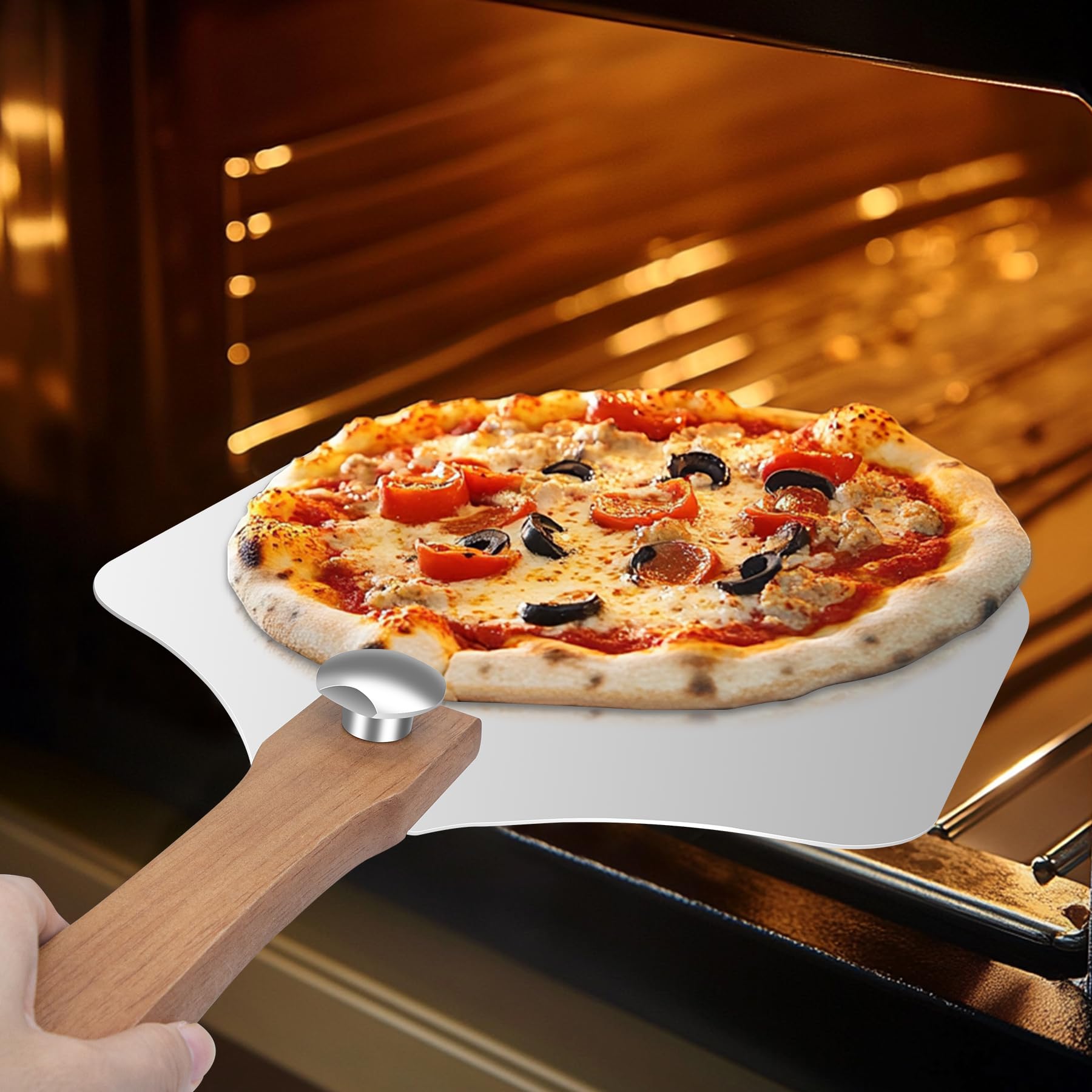 Nsoyos mango plegable para pizza, manejo cómodo que evita el calor.