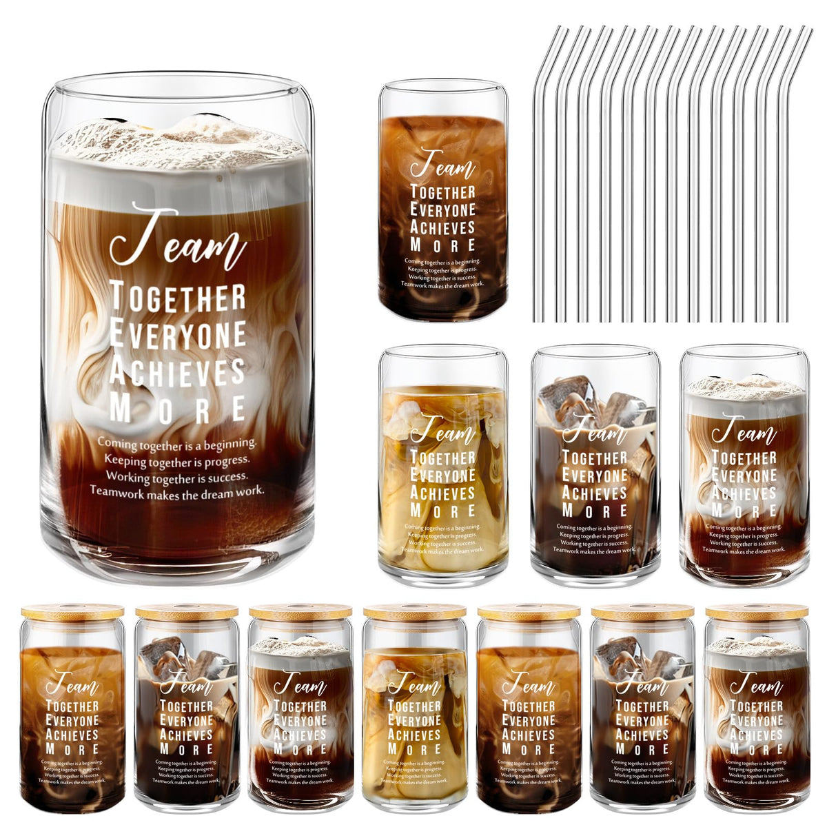 Nuanchu 12-pack tazas de cristal con tapas bambu y pajitas para oficina.