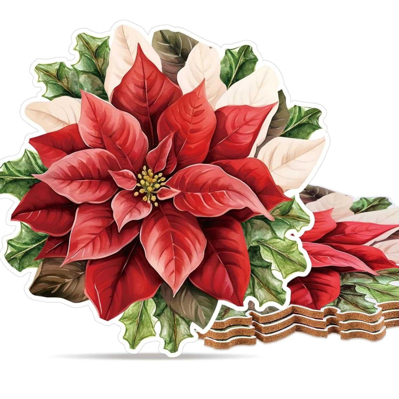 Nuanchu juego de 4 individuales de corcho con poinsettia para mesa navideña