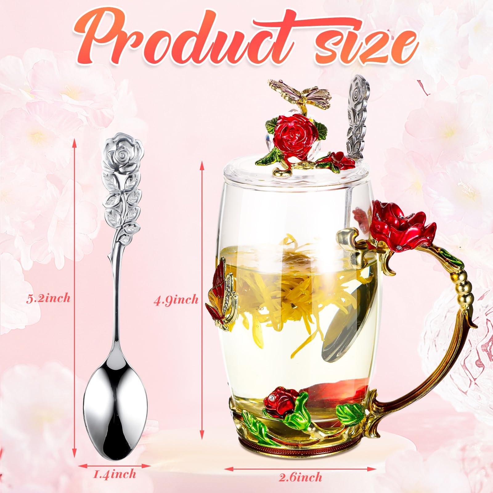 Taza de vidrio Nuanchu morada con tapa y cuchara, diseño floral para ocasiones especiales.
