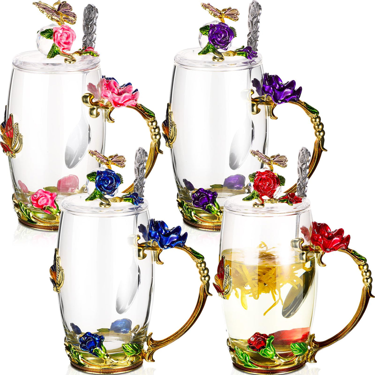 Taza de té Nuanchu de vidrio rosa con tapa y cuchara, ideal para té caliente.