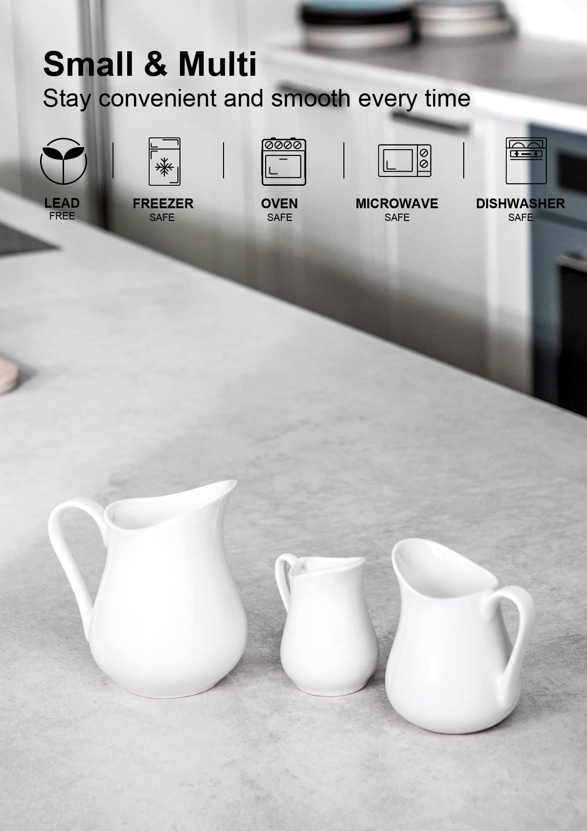 Cremero Nucookery de cerámica blanca, superficie lisa y apto para microondas y congelador.