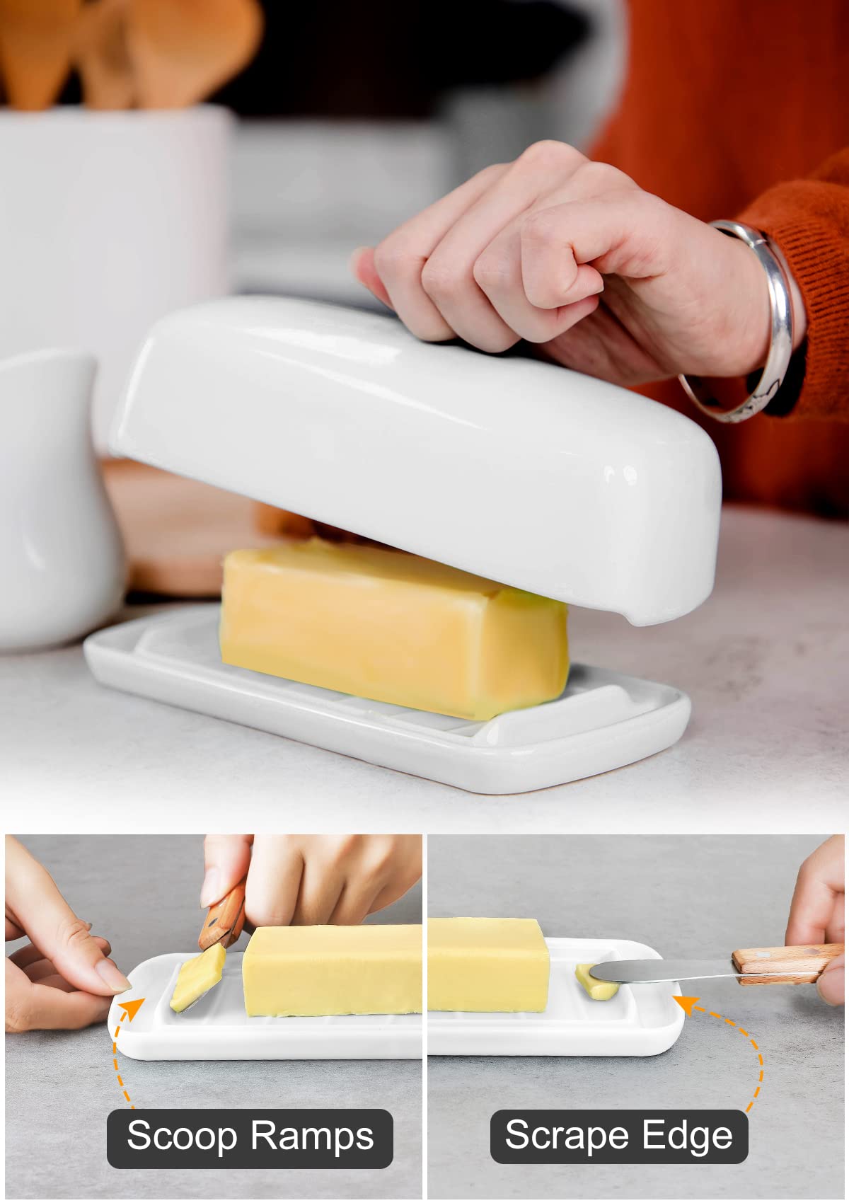 Nucookery mantequera con pies extendidos para proteger la encimera.