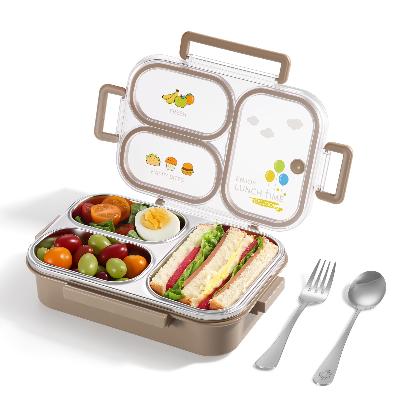 NUKied lunchbox acero inoxidable, 3 compartimentos y cierre seguro para evitar fugas.
