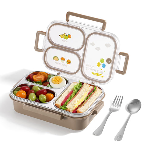 NUKied lunchbox acero inoxidable, 3 compartimentos y cierre seguro para evitar fugas.