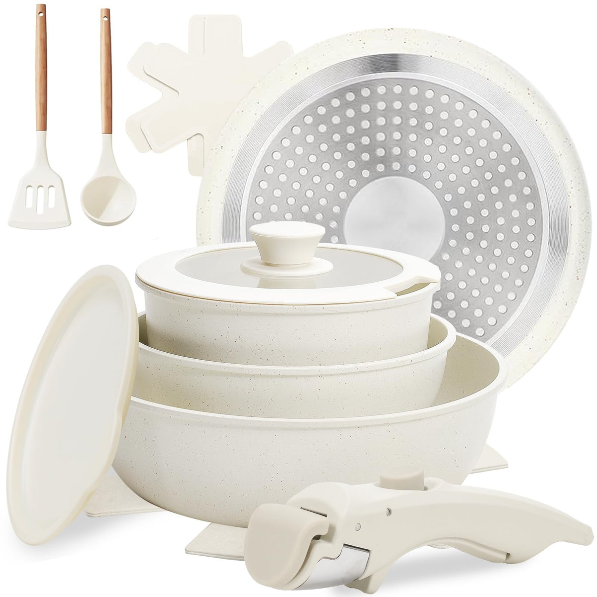Numola set de 10 piezas con mango desmontable para almacenamiento compacto.