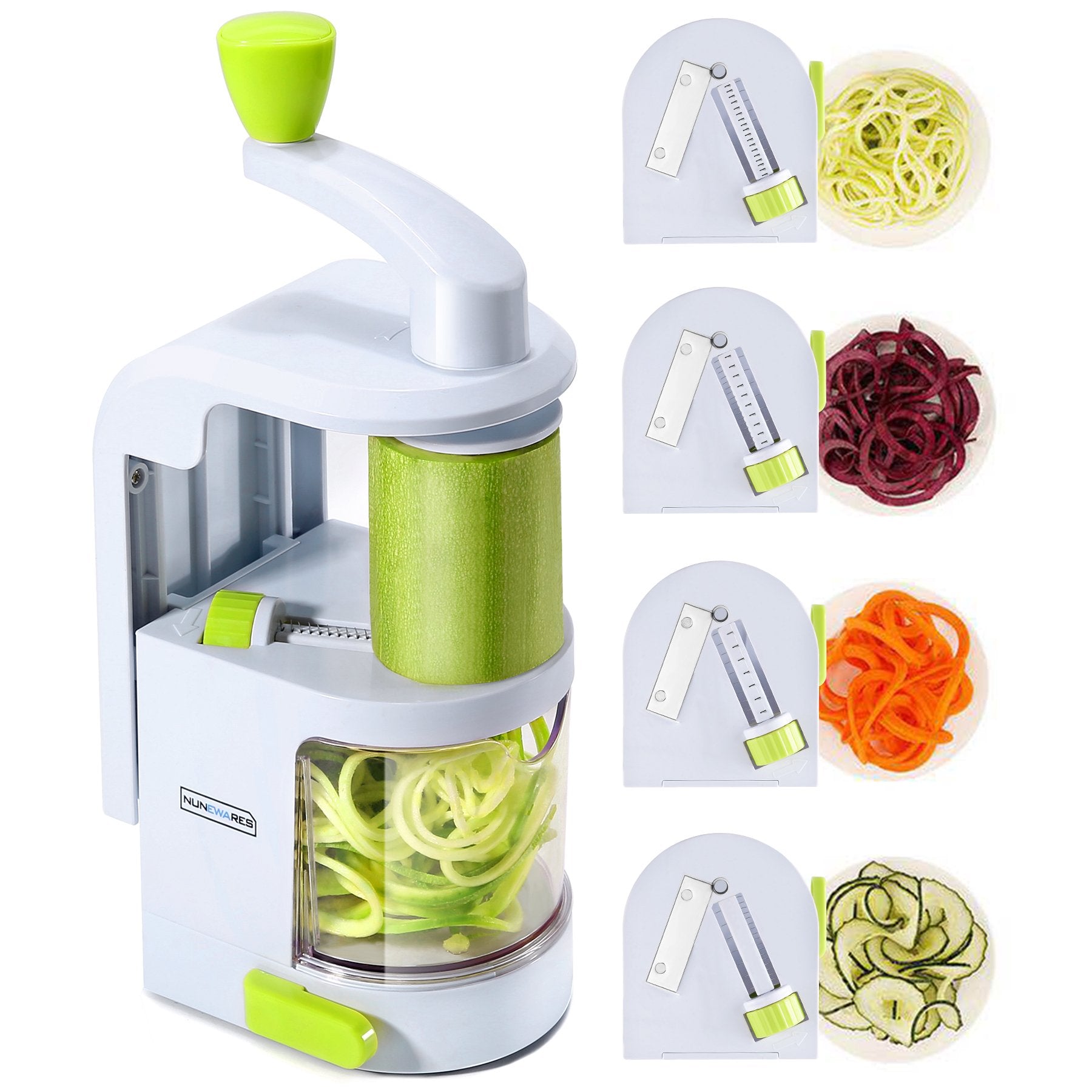NUNEWARES espiralizador de verduras 4 en 1 con cuchillas para tiras uniformes