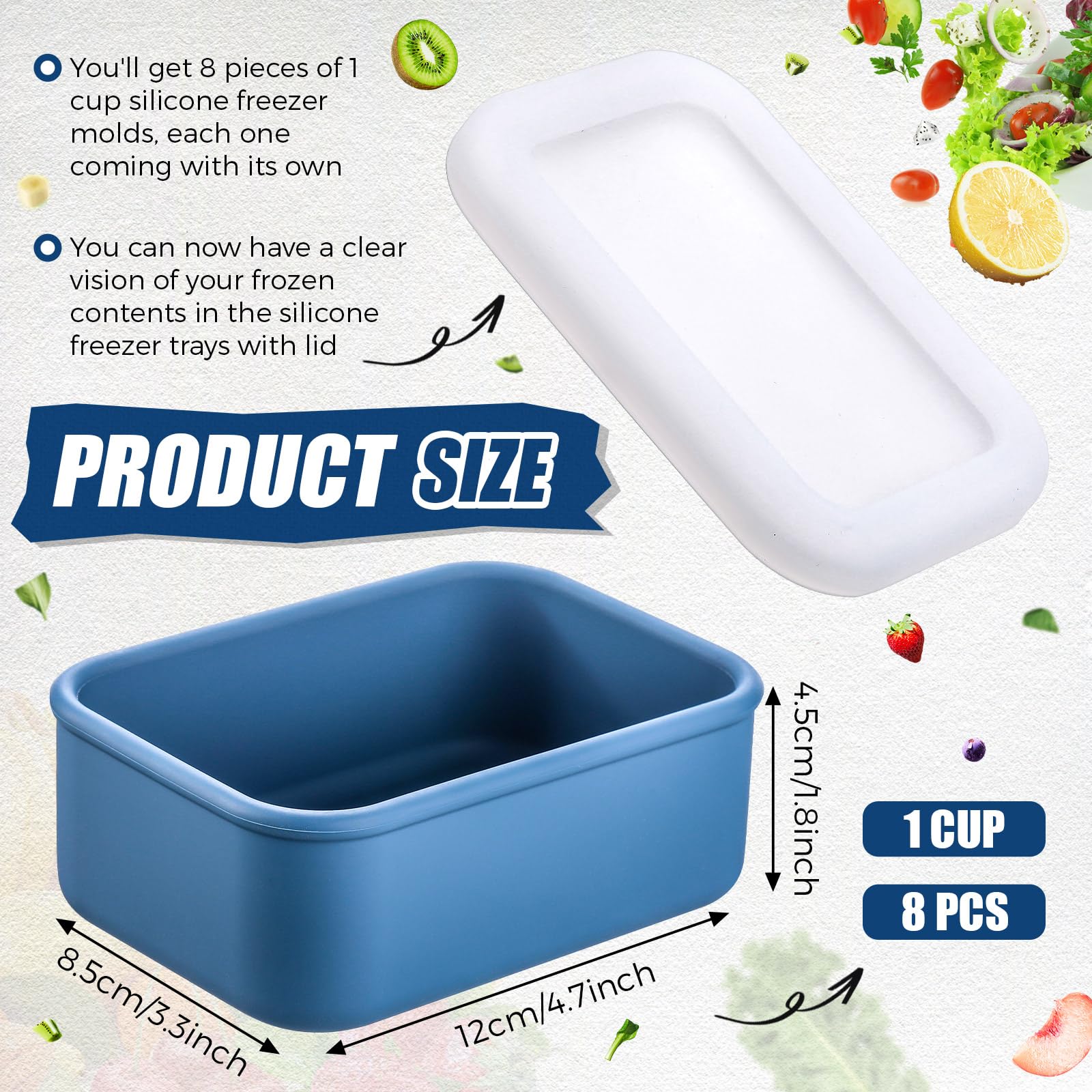 Nuogo bandejas de silicona para congelar, rectangulares, azul, con tapa para ver contenido.